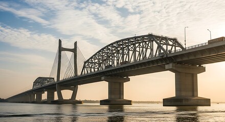 Obraz premium Long Concrete and Steel Bridge Over Water with Cloudy Skies, Modern Architecture Photo.