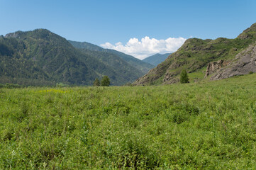 Mountain landscape against a bright blue sky.