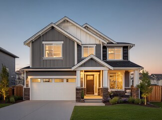 Modern farmhouse home at twilight, lit windows, manicured lawn