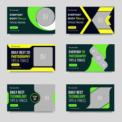 	
Multipurpose tips and tricks video thumbnail banner design, daily exercise, photography video cover banner design, bundle video thumbnail banner design, vector eps 10 file form