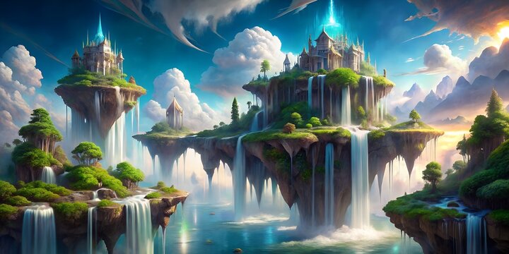 A breathtaking view of floating islands with majestic castles, cascading waterfalls, and lush greenery under a bright blue sky filled with fluffy clouds, creating a serene and magical landscape