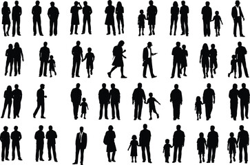 Silhouettes of people walking, standing, talking, various family and individual poses, man woman child figures, black human shapes on white background, urban lifestyle concept