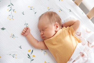 Cute newborn baby lying in crib, above view
