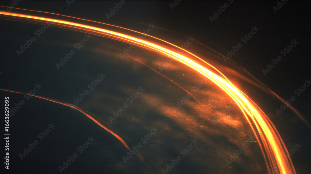Poster glowing amber light arc bends diagonally across dark background, creating dynamic and mysterious vis