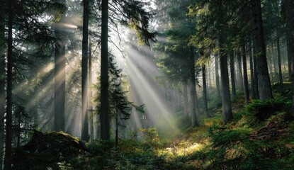 Obraz premium Sunlight streams through a misty forest (2)