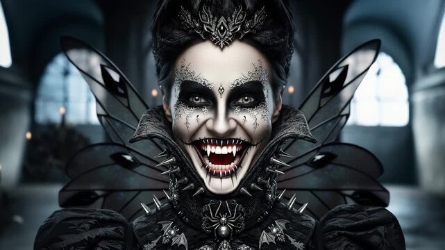 A close-up of a female vampire opening her mouth and showing sharp fangs in a sinister grimace. The footage conveys an atmosphere of horror and mysticism.