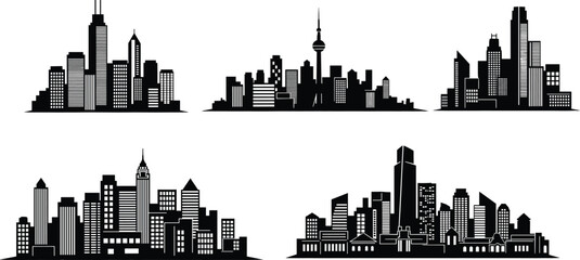 Fototapeta premium City skyline silhouettes, urban buildings, modern skyscrapers, metropolitan architecture, night cityscape, downtown design, business hub, cityscape 