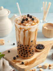 A clear plastic cup holds a pink and milky bubble tea with large black tapioca pearls and ice, garnished with straws.
