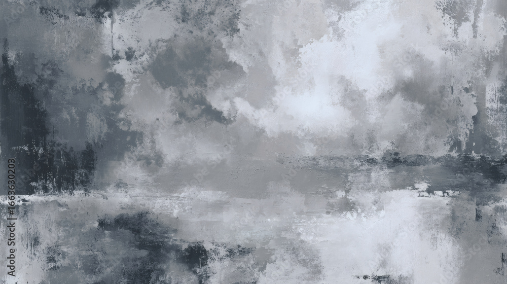 Poster textured abstract painting features blend of gray and soft graphite tones, layered with faint white 