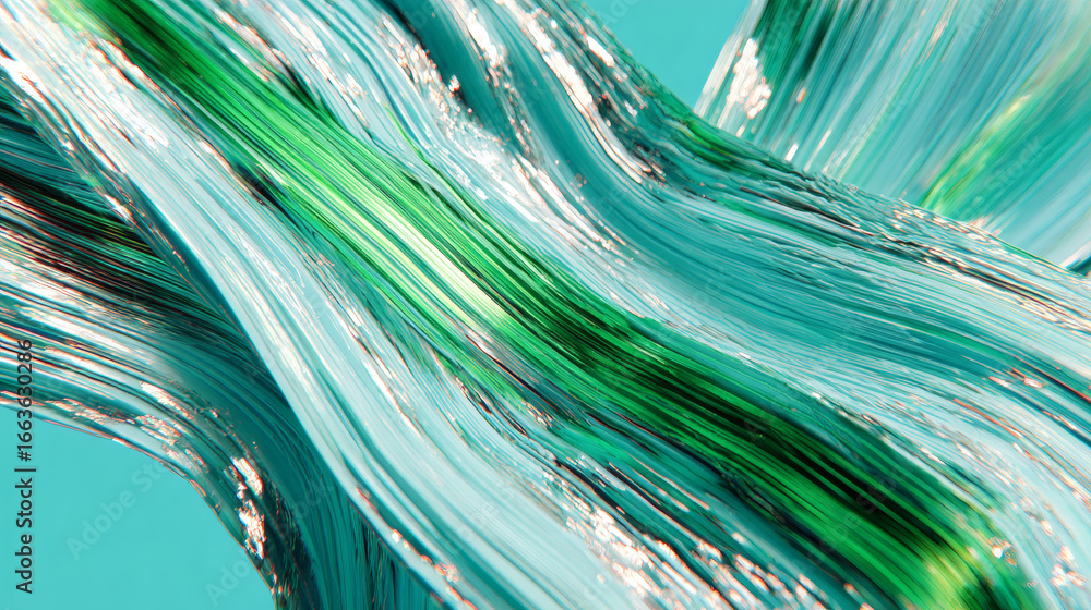 Poster dynamic abstract image featuring green prism streak cutting across cyan surface, creating sense of m