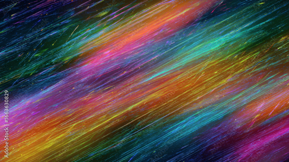 Poster colorful streaks of light create dynamic, abstract pattern with neon glow, blending vibrant hues in 