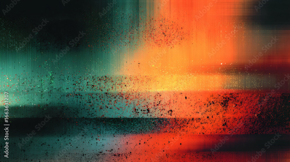 Poster vibrant abstract digital artwork featuring neon orange and teal glitch streaks overlapping with text