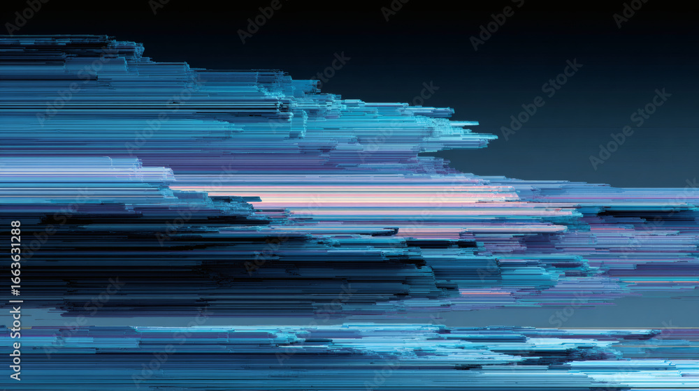 Poster abstract digital artwork featuring blue streaks distorted by glitch effects, creating dynamic and mo