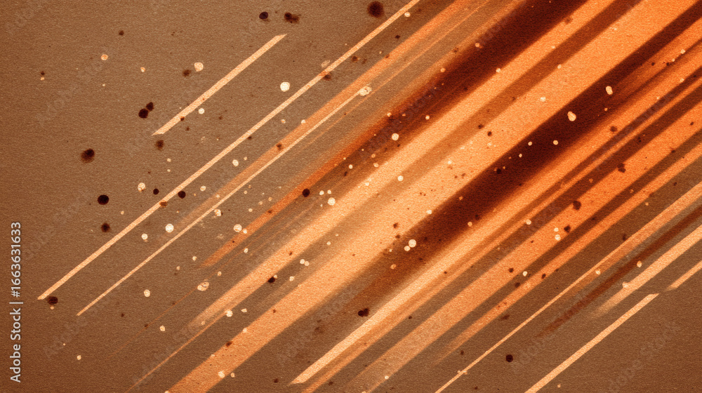 Poster dynamic streaks of radiant orange prism light scatter across muted brown background, creating energe
