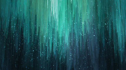 Aqua and emerald tones streak vertically in mesmerizing abstract pattern, resembling digital aurora. image evokes sense of tranquility and wonder, with prism like flare
