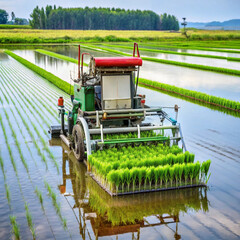 Fototapeta premium Tractor planting rice seedlings in a flooded paddy field with rows of crops