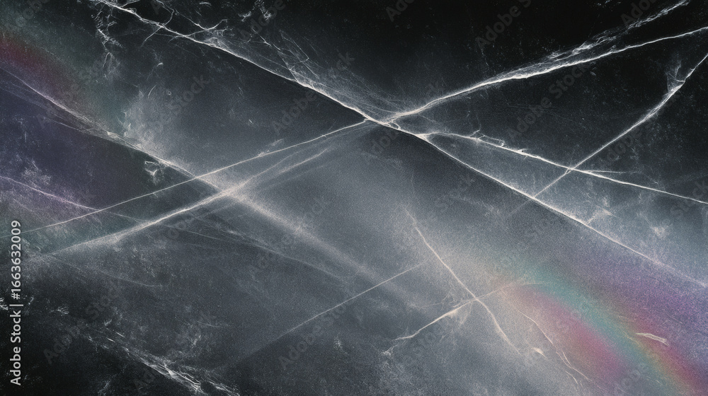 Poster dark, textured surface with intersecting silver streaks and subtle rainbow hues creates mysterious a