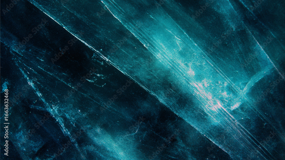 Poster teal prism streaks cut across deep midnight blue background, creating dynamic and abstract visual ef
