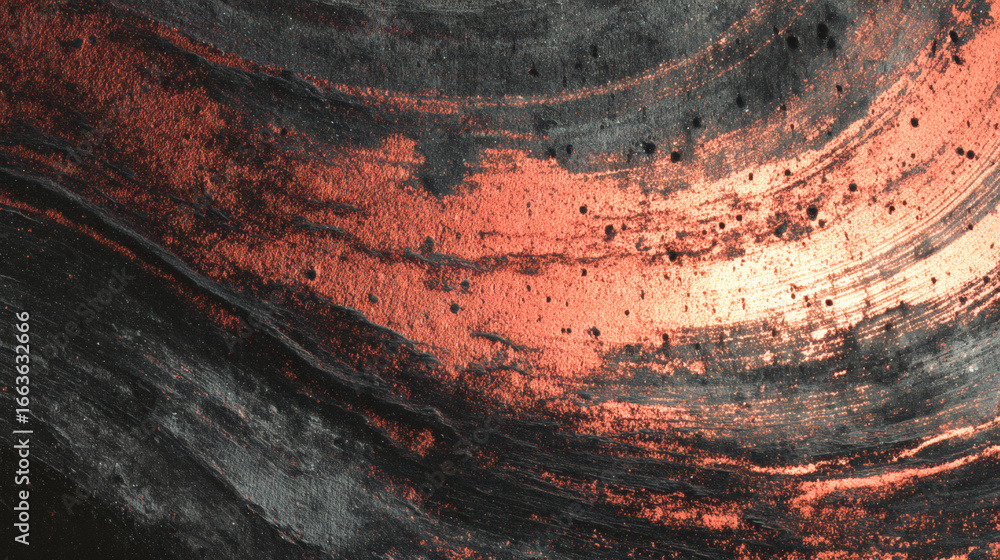 Poster mesmerizing abstract image featuring vibrant coral and golden streaks diffused into textured black b