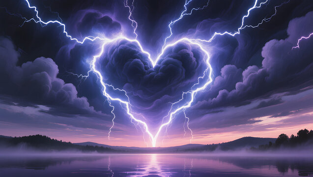 Surreal double lightning strike forming a heart shape in the sky, fantasy romantic digital illustration