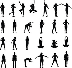 Silhouette vector of women in various standing, stretching, dancing, yoga, and fitness poses, active female figures for exercise concepts