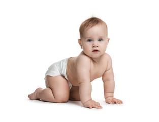 Cute little baby crawling on white background