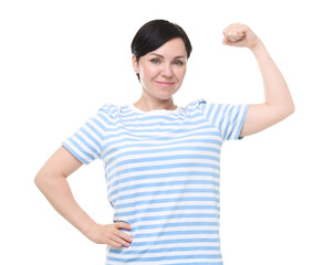 Strength. Beautiful woman showing her biceps on white background