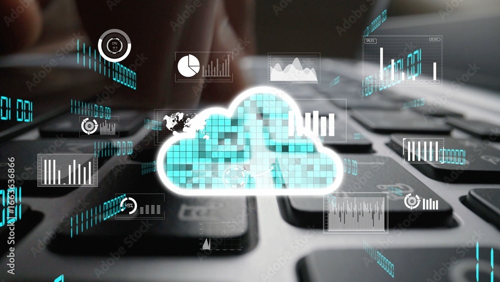 Poster a modern digital cloud computing concept showcasing data analytics and interaction with a keyboard, 