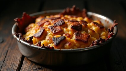 Golden mac and cheese with crispy topping in baking dish