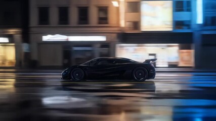 High-performance sports car racing down a wet, reflective city street at night, illuminated by urban lights