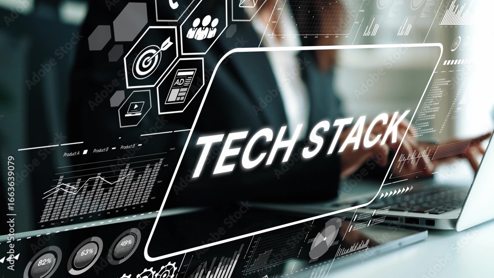 Poster modern business technology stack concept with digital interface and data visualization elements. asy