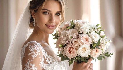 Naklejka premium Beautiful Bride in White Lace Dress Holding Pink and White Roses Bouquet.