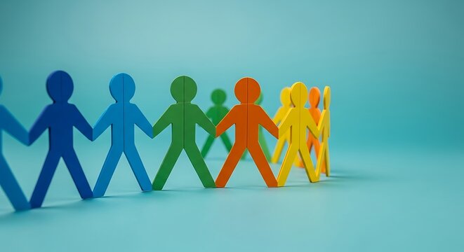 Colorful Paper Chain People Holding Hands Representing Unity Diversity and Teamwork with Blue Background