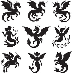 Black Vector Silhouettes of Mythical Creatures Bold Outline Design