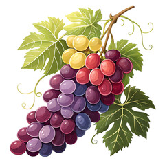 Fototapeta premium Colorful grape bunch with green leaves and vine isolated on a transparent background grapes PNG file 