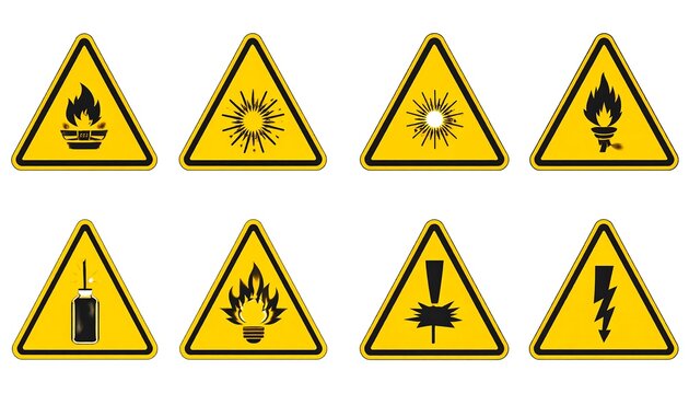 Collection of caution signs in a bright yellow triangle shape, highlighting various danger symbols.