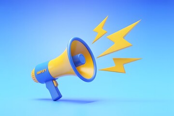 Vibrant 3D Rendering of a Bullhorn Amplifying Messages with Lightning Bolts on a Light Blue Background