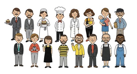 Diverse group of cartoon people representing various professions standing together in a row