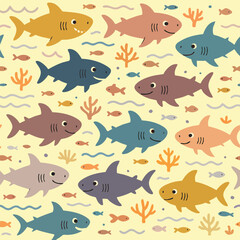 Fototapeta premium Sharks Ocean Blue Marine Sea Fish Animal Shark Wildlife Kids Children Cartoon Cute Fun Happy child Sea Marine Print Vector Design