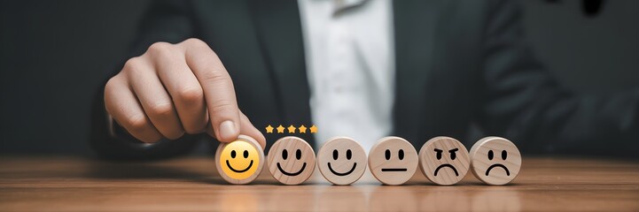 Customer Satisfaction Assessment: A discerning individual selects the happiest emoji, highlighting customer satisfaction with a focus on feedback, experience, and overall positive service.