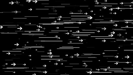 Abstract White lines and arrows of varying lengths and thicknesses are distributed horizontally across a move towards left side on a black background, suggesting movement or data flow.
