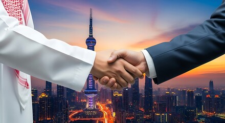 International business handshake with Shanghai skyline at sunset representing global partnerships and cooperation