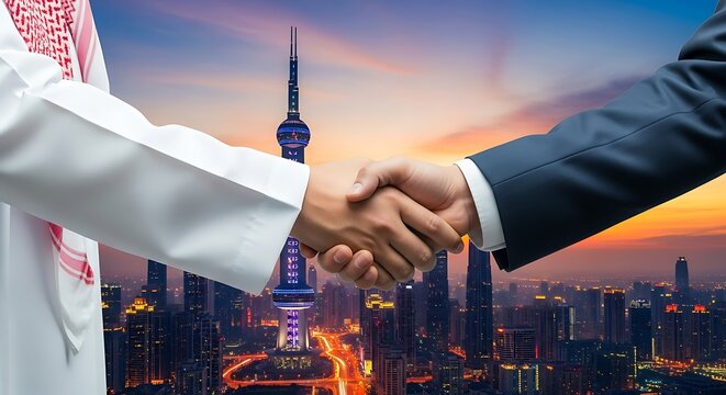 International business handshake with Shanghai skyline at sunset representing global partnerships and cooperation - Powered by Adobe
