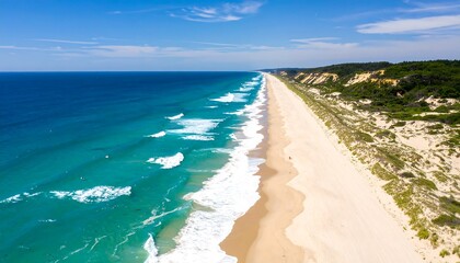 Expansive beach stretches along a coastline, with turquoise ocean waves gently crashing onto the shore and dunes rising beyond the sand.