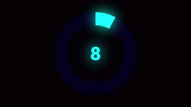 Numerical counting from 0 to 8. Circular progress bar with bright neon blue light. Countdown timer from 0 to 8 seconds real time. Modern flat design of countdown animation blue alpha channel. 
