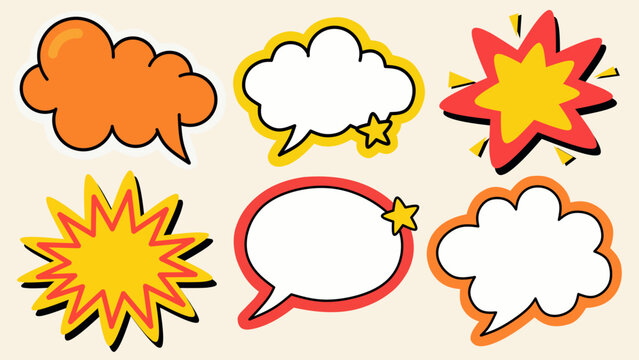 Colorful cartoon-style comic speech bubbles and explosion shapes in pop art style. Suitable for stickers or graphic&nbsp;decoration.
