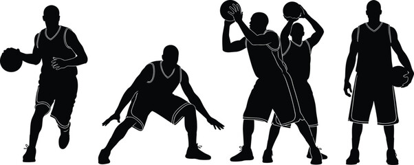 PrintSilhouettes of basketball players in action poses, dribbling, defense, shooting, passing, vector sports illustration