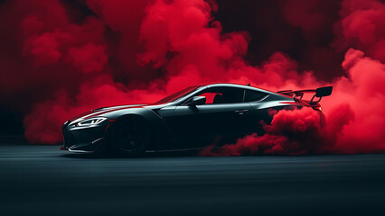 Drifting car on dark black background with red smoke Car in the smoke Supercar in motion Sports car