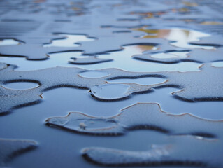 Abstract close up of puddles on a textured surface reflecting the sky and surrounding environment offering a soothing and contemplative visual experience