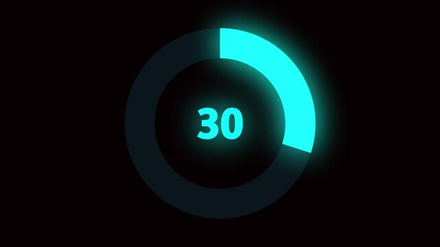 Numerical counting from 0 to 30. Circular progress bar with bright neon blue light. Countdown timer from 0 to 30 seconds real time. Modern flat design of countdown animation on black background.